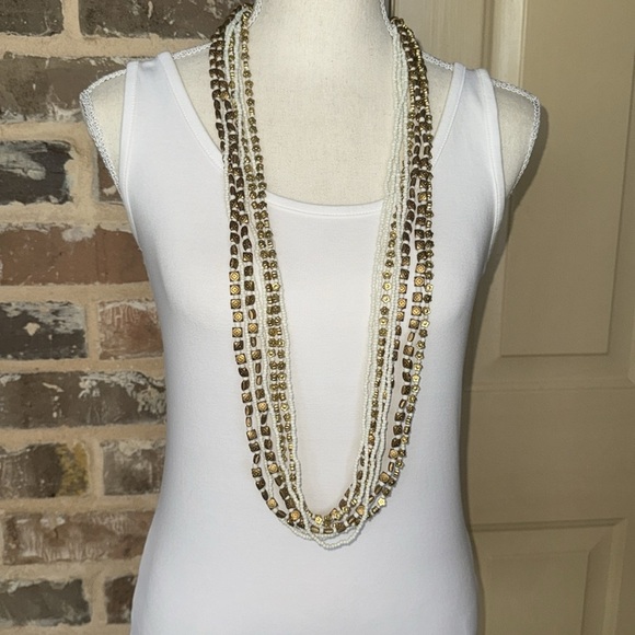 Stunning White & Gold Beaded Multi-Strand Twist Necklace & Bracelet Set Unique - Picture 11 of 16